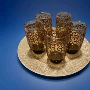 Vintage Libbey Brown  Raised Scrolled Glass Cups Set Of 5
